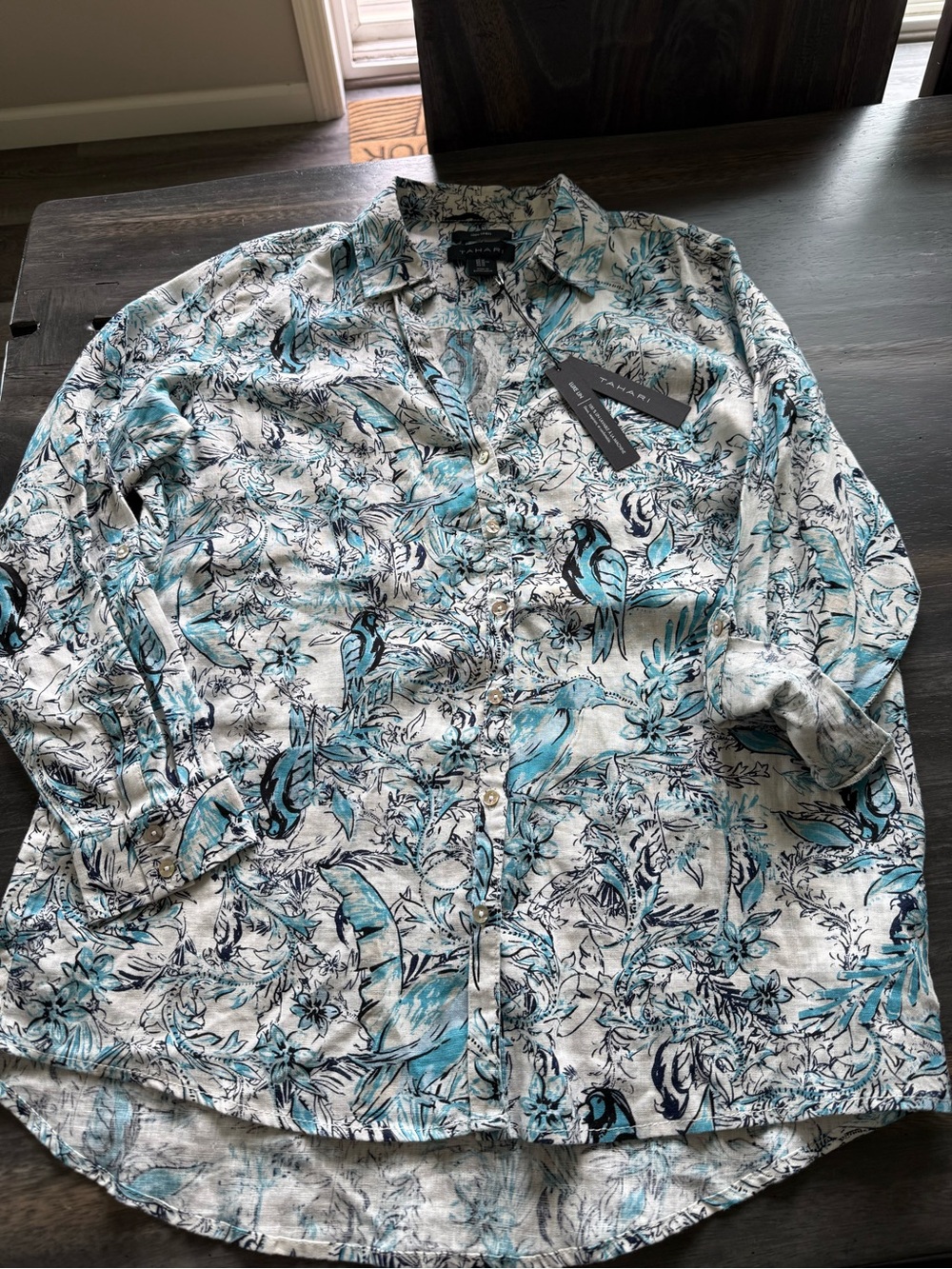 NWT TAHARI M 100% Linen Bird of Paradise Blouse